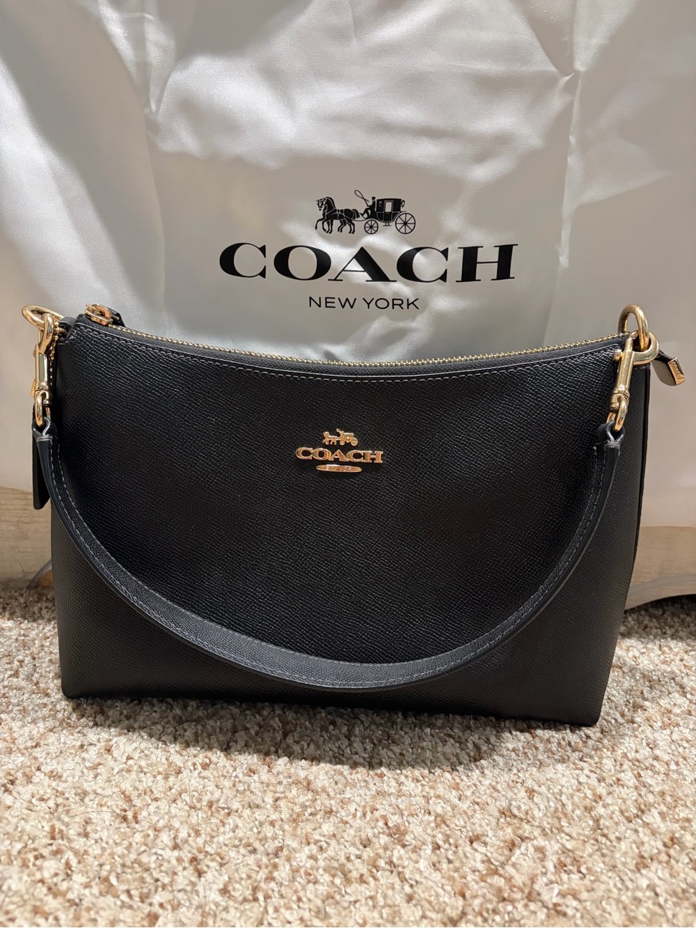 Coach Black Leather Shoulder Bag with Gold-Tone Logo